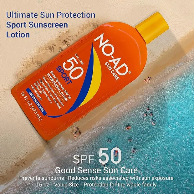 NO-AD SPF 50 SPORT Sunscreen Lotion | Hypoallergenic | Broad Spectrum UVA/UVB Protection | Water Resistant | Octinoxate & ...