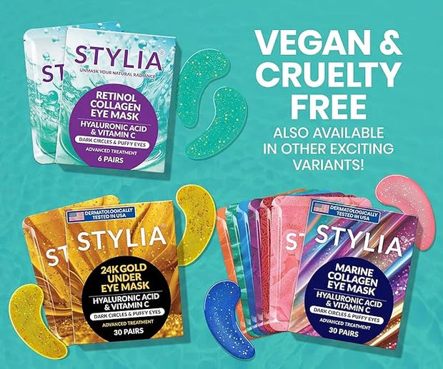 Stylia Under Eye Patches for Puffy Eyes and Dark Circles (6 Pairs) - Marine Collagen Under Eye Mask with Retinol, Vitamin ...