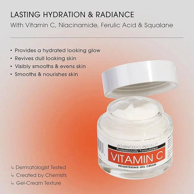 Advanced Clinicals Brightening Vitamin C Body Cream + Potent Vitamin C Face Moisturizer Gel Cream 2pc Skincare Set For Wom...