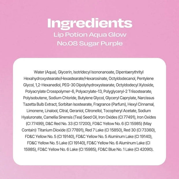 Lip Potion Aqua Glow No.8 Sugar Purple | Hydrating, Non-Sticky Gloss with Sheer Radiance | 0.3 Oz - Product Image