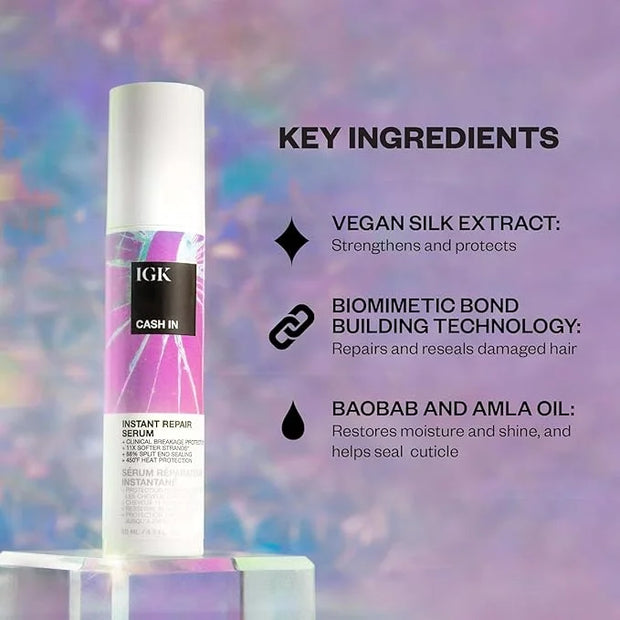 IGK Cash In Instant Repair Hair Serum | Reduce Breakage + Increase Strength | Silicone-Free | 1.7 oz (Pack of 2) - Product...