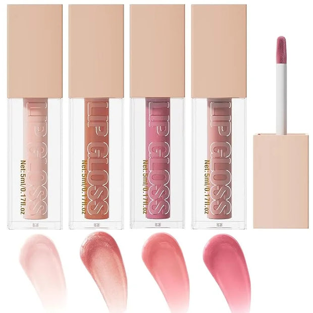 4 Pcs Hydrating Lip Gloss, ICE/MOON/SILK/PETAL High Moisturizing Oil Tint with Hyaluronic Acid, High Shine for Plumper Loo...