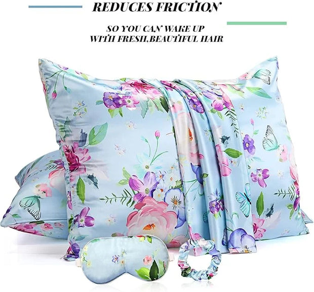 2 Pack Satin Pillowcase with Latent Zipper, Adjustable Satin Eye Mask for Sleeping and Satin Volume Scrunchie for Hair and...