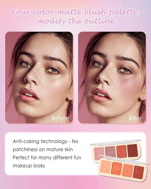 Matte Face Blush Palette Kit with Brush-4 Colors Pink Purple Orange Silky Mineral Blendable Blusher Contour Powder for Che...