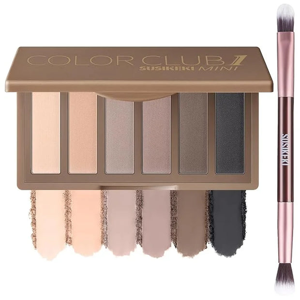 6 Colors Mini Naked Eyeshadow Makeup Palette with Brush Neutral Nude Smoky Eye Shadow Taupe & Brown Matte Make Up Pallet w...