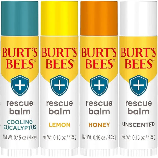 Burt's Bees 100% Natural Origin Rescue Lip Balm, Cooling Eucalyptus, Lemon, Honey, Unscented, 4 Tubes, Pack May Vary - Pro...