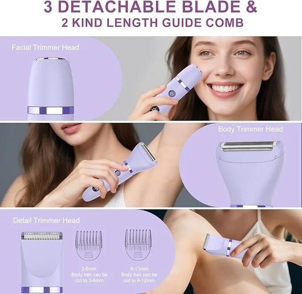 3-in-1 Electric Razor IPX7 Waterproof Bikini Trimmer Wet & Dry Use Painless Personal Trimmer Groomer for Ladies Face Body ...