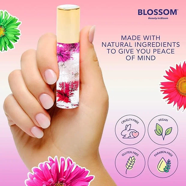Blossom Roll on Lip Gloss, Scented Clear High Shine Moisturizing Lip Oil, Non Sticky, Infused with Real Flowers, Made in U...