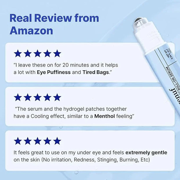 Hydrogel Collagen Real Cool 6 Pairs of Eye Patches & Hydrating Roll-On Serum Set for Dark Circles and Puffiness - Hyaluron...