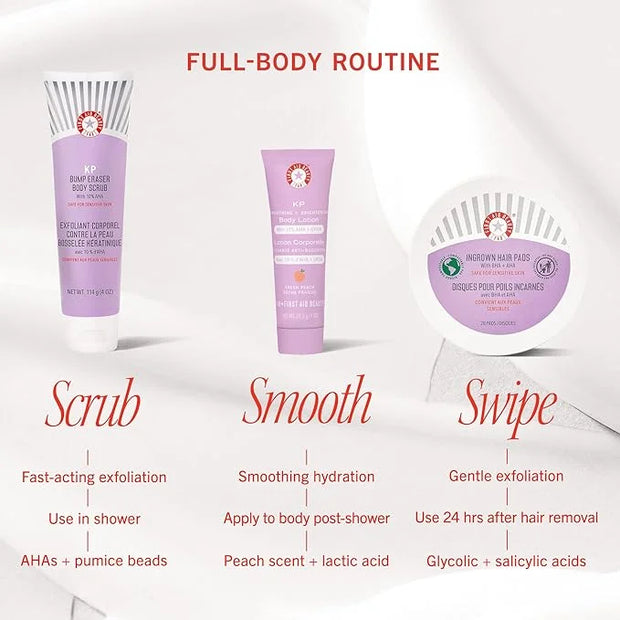 First Aid Beauty Soft + Smooth Starter Body Kit: KP Bump Eraser Body Scrub, 4 oz, Smoothing + Brightening Lotion (Peach), ...