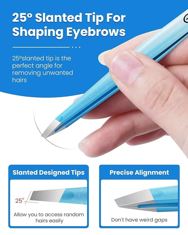 Expert Slant Tip Tweezers with Leather Case, GlamTweeler Sharp & Precision Stainless Steel Tweezer for Eyebrows, Facial Ha...