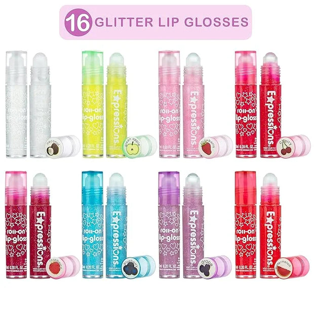 Expressions 16pc Roller-Ball Glitter Lip Gloss Set, 8 Assorted Fruit Flavored Roll On Rollerball Lip Gloss for Kids, Safe,...