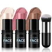 3 Pcs Cream Blush Contour Highlighter Stick for Cheeks Eyes Lips Lightweight Dewy Finish Blush Stick Waterproof Long Lasti...