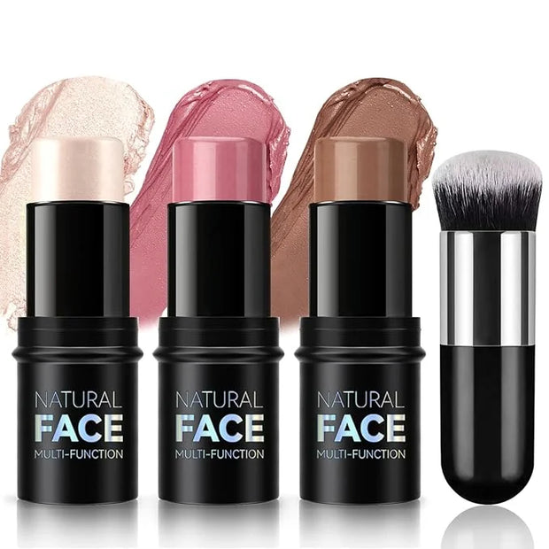 3 Pcs Cream Blush Contour Highlighter Stick for Cheeks Eyes Lips Lightweight Dewy Finish Blush Stick Waterproof Long Lasti...