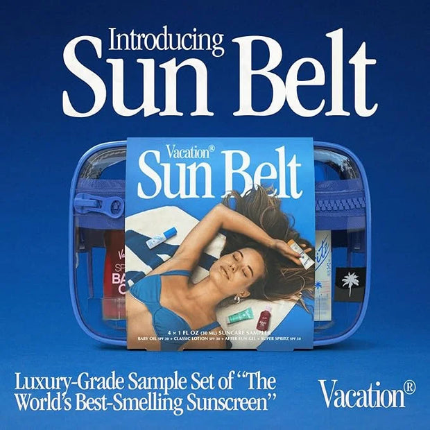 VACATION Sun Belt Sampler Kit, SPF 30-50 Sunscreen Pack, Includes Classic Lotion, Super Spritz Face Mist, Baby Oil, After ...