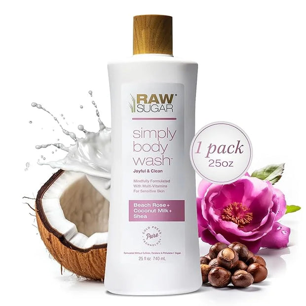 RAW SUGAR Simply Body Wash, Beach Rose + Coconut Milk + Shea (25 Fl Oz, Pack of 1) Sensitive Skin Bath Soap, Formulated wi...