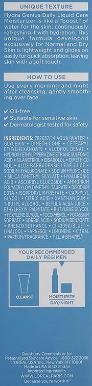 L’Oreal Paris Skincare Hydra Genius Daily Liquid Care Oil-Free Face Moisturizer for Normal to Dry Skin, Hyaluronic Acid Mo...