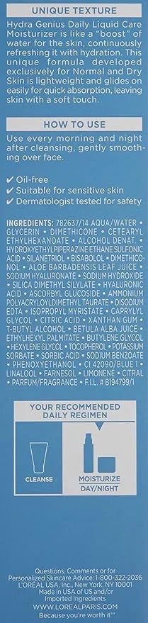 L’Oreal Paris Skincare Hydra Genius Daily Liquid Care Oil-Free Face Moisturizer for Normal to Dry Skin, Hyaluronic Acid Mo...