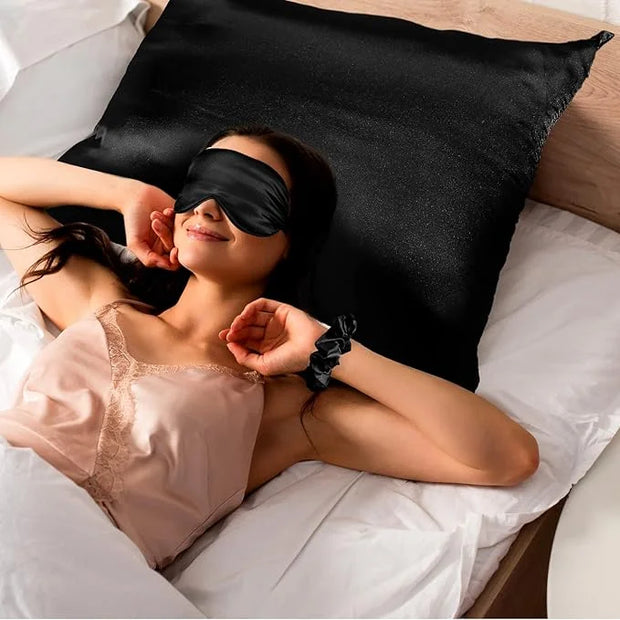 2 Pack Satin Pillowcase with Latent Zipper, Adjustable Satin Eye Mask for Sleeping and Satin Volume Scrunchie for Hair and...