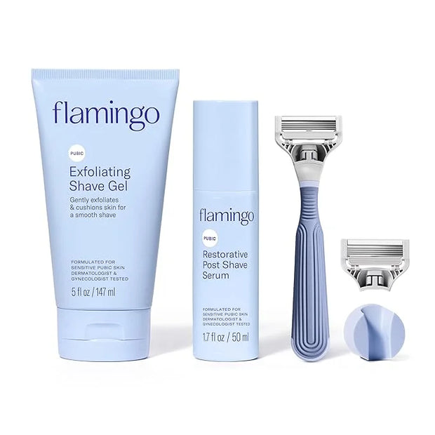 Flamingo Pubic Hair Razor for Women, Shaving Kit, 1 Razor, Exfoliating Shaving Gel 5 fl oz - Restorative Post Shave Serum ...