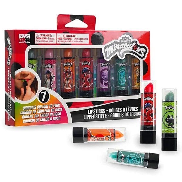Miraculous Ladybug Cosmetic Lipstick Set - 7 Fruit Scented Color-Changing Lipsticks for Kids - Transforming Lipsticks Turn...