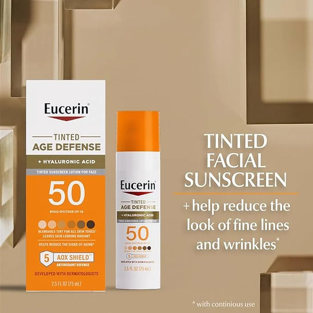 Eucerin Sun Tinted Age Defense SPF 50 Face Sunscreen Lotion, Hypoallergenic, Fragrance Free Tinted Sunscreen SPF 50 with H...