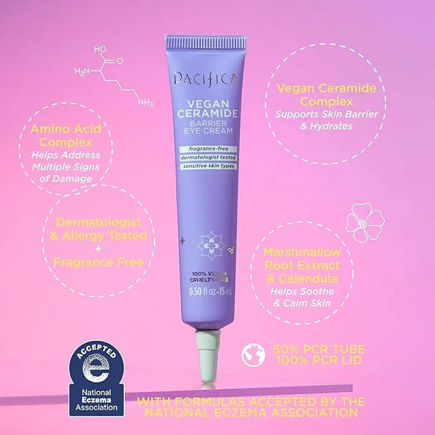 Pacifica Vegan Ceramide Barrier Eye Cream – Hydrating Under Eye Moisturizer for Dry, Sensitive Skin, Fragrance-Free Treatm...