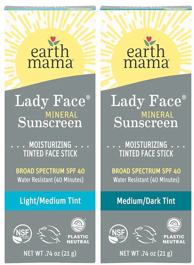 Earth Mama Lady Face® Tinted Mineral Sunscreen Stick SPF 40 Set |Contains Certified Organic Shea and Coca Butter | Foundat...