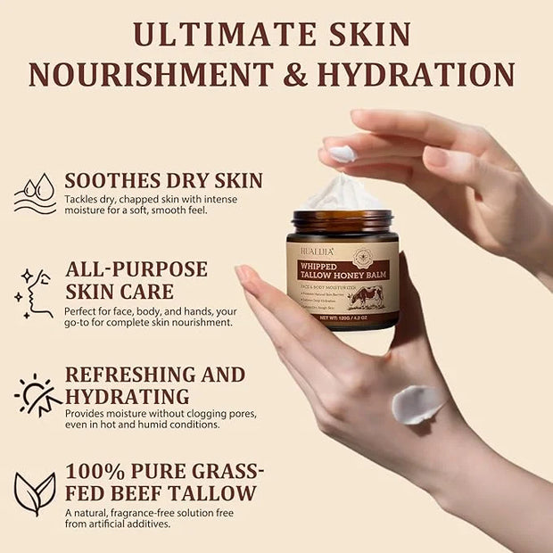 Organic Beef Tallow for Skin, Tallow Face Moisturizer, Tallow and Honey Balm, Grass-Fed Whipped Beef Tallow and Honey Crea...