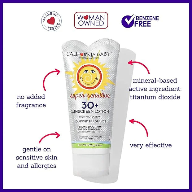 California Baby Super Sensitive Sunscreen + Natural Bug Spray | 2.9oz Unscented SPF 30+ Mineral Sunscreen + 6.5oz Natural ...