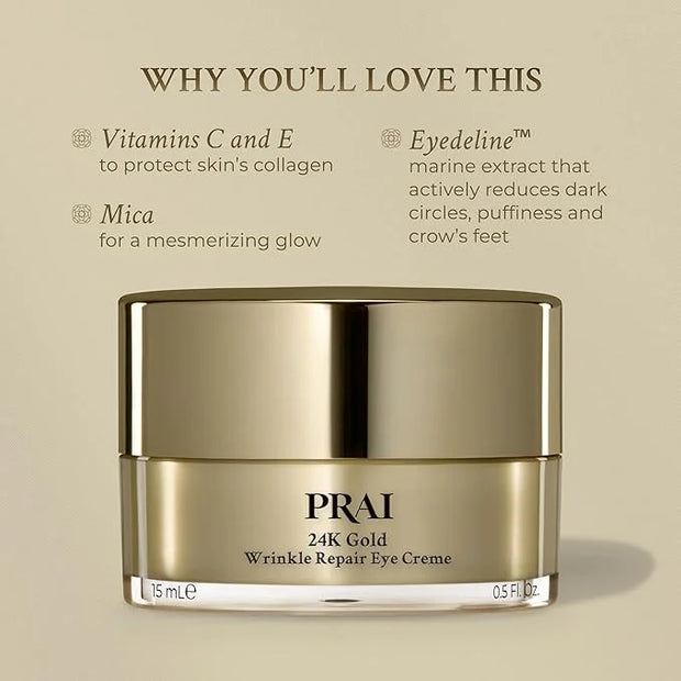 PRAI Beauty 24K Gold Wrinkle Repair Eye Creme - Anti-Aging and Anti-Wrinkle Eye Cream - Infused with Hyaluronic Acid and R...