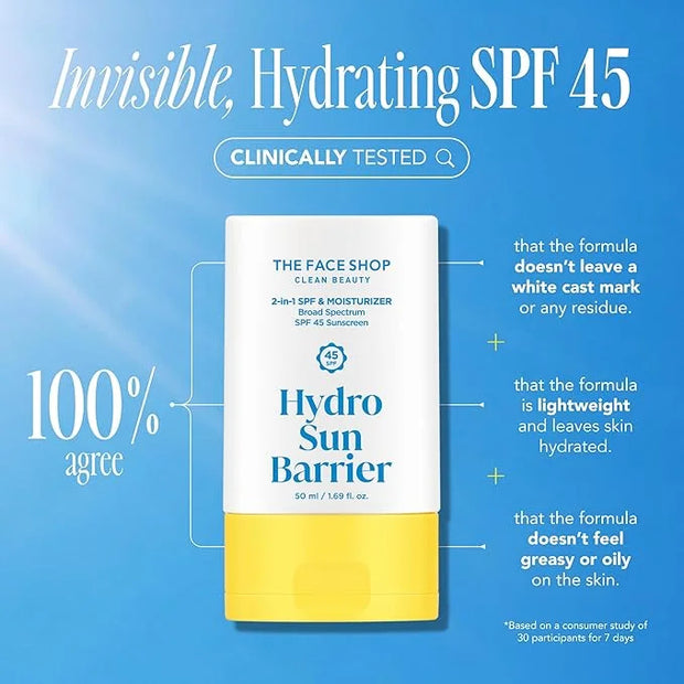 THE FACE SHOP Hydro Sun Barrier 2-in-1 Sunscreen & Moisturizer, Broad Spectrum SPF 45, Korean Sunscreen Skin care, Daily H...
