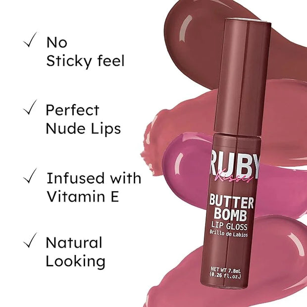Ruby Kisses Lip Gloss Butter Bomb Gloss Non-Sticky Lip Gloss Vitamin E Natural Nude Lip Makeup - 7.8mL (0.26 US fl.oz) (Ta...