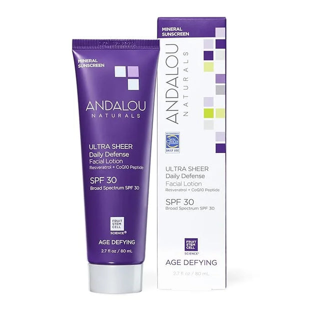 Andalou Naturals Age Defying Face Sunscreen, SPF 30 Zinc Oxide Mineral Sunscreen, Ultra Sheer Daily Defense Face Lotion, H...