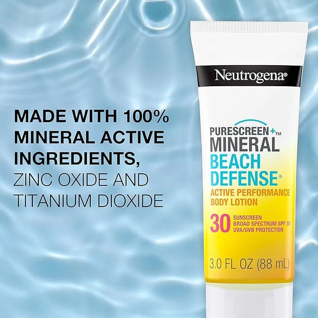 Neutrogena Purescreen+ Mineral Beach Defense Active Performance Body Lotion Sunscreen with Broad Spectrum SPF 30, Quick Dr...