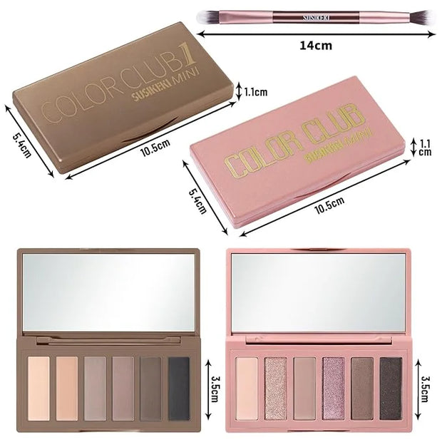 2PCS 6 Colors Mini Naked Eyeshadow Palette Makeup with Brush Set Neutral Nude Eye Shadow Pink & Brown Matte Shimmer Make U...