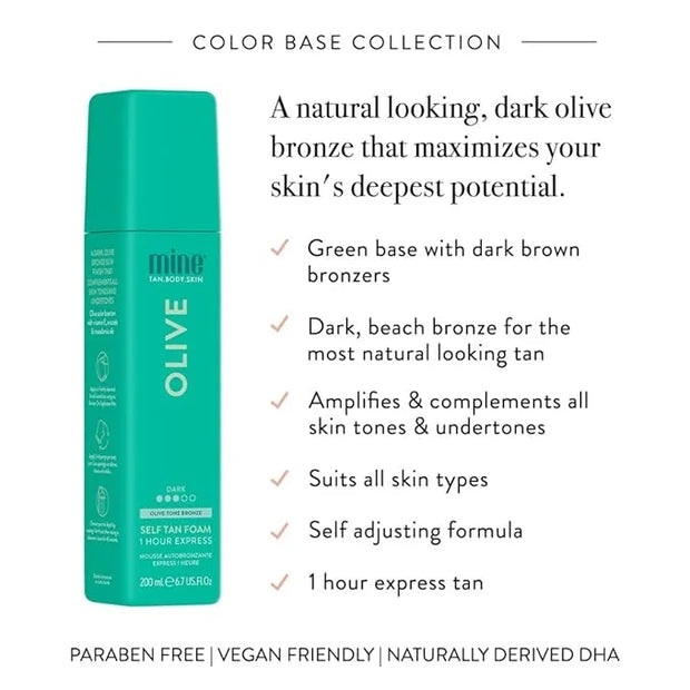Minetan Olive Self Tan Foam | Color Base Collection - Dark Olive Bronze Finish, 1 Hour Express, Face & Body Fake Tanner, C...