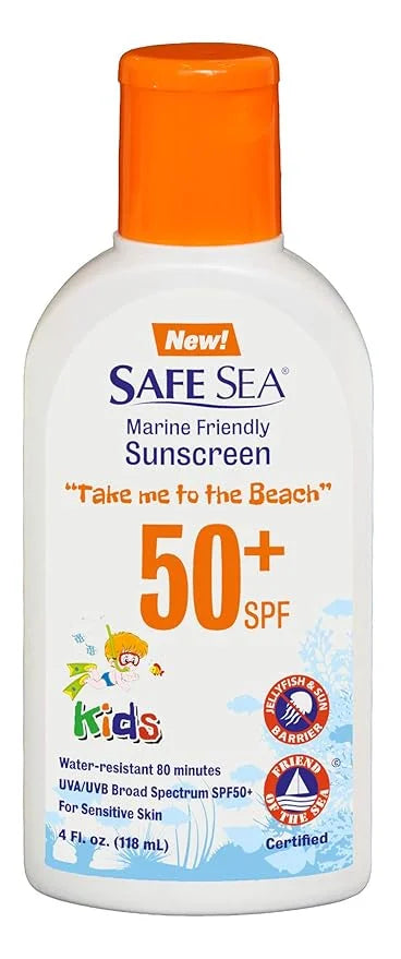 Safe Sea Jellyfish Sting-Blocking Sunscreen for Kids, SPF 50+ Lotion 4oz, Waterproof, Biodegradable, Coral Reef-Safe – Bod...