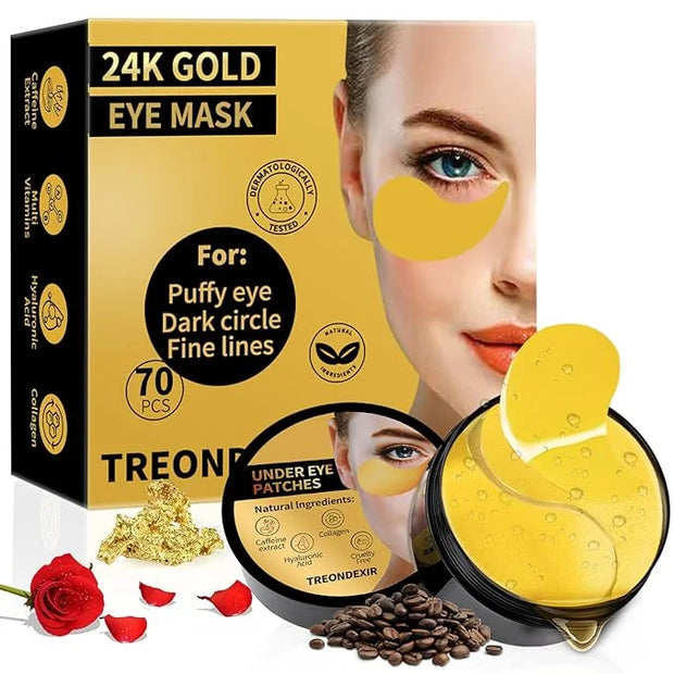 24K Gold Eye Masks for Dark Circles and Puffiness 70PCS, Under Eye Patches Gel Pads for Puffy Eyes Treatment w/Collagen, C...