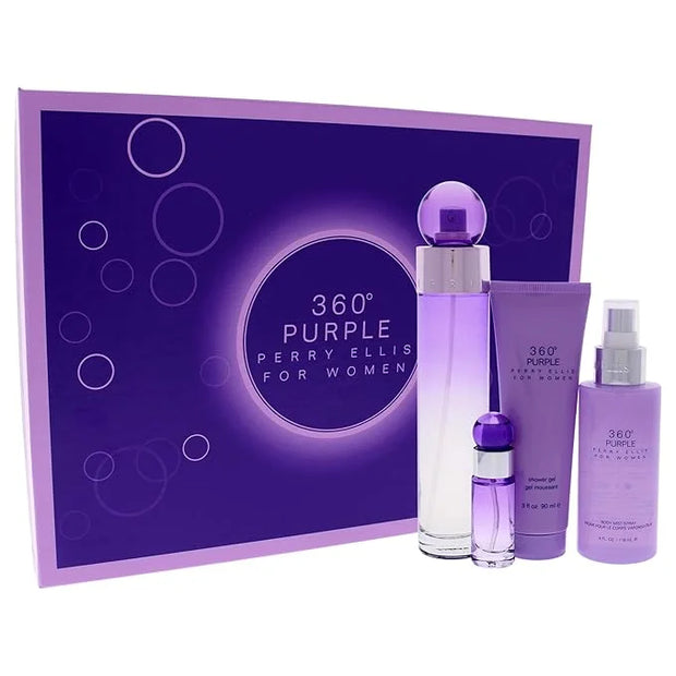 Perry Ellis 360 Purple Women 3.4oz EDP Spray, 7.5ml EDP Mini Spray, 4oz Body Mist, 3oz Shower Gel 4 Pc Gift Set - Product ...