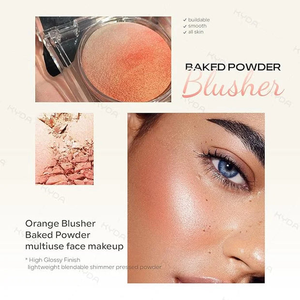 KYDA Baked Blush, Orange Glow Powder for Blush and Highlighter, High Glossy Finish, Lightweight Blendable Shimmer Blusher,...