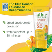 Alba Botanica Sunscreen for Face, Fragrance-Free Hawaiian Face Sunscreen Lotion, Broad Spectrum SPF 30, Water Resistant an...