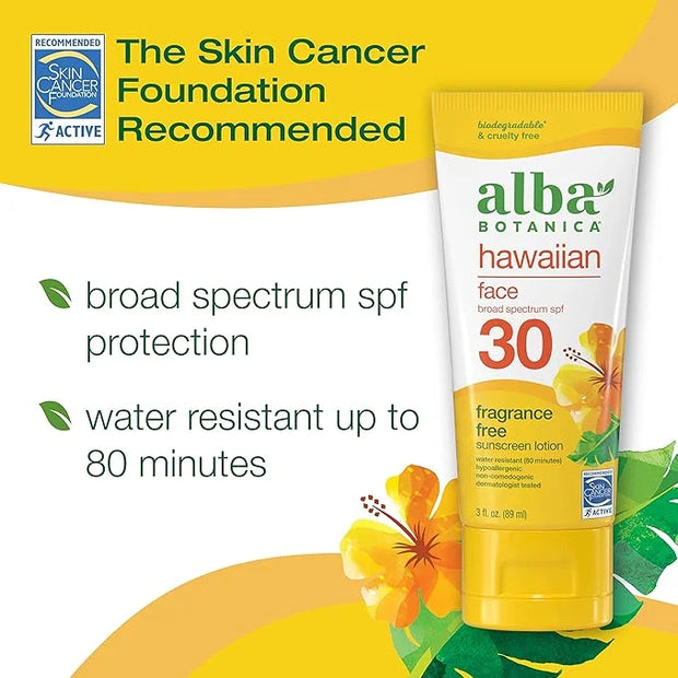 Alba Botanica Sunscreen for Face, Fragrance-Free Hawaiian Face Sunscreen Lotion, Broad Spectrum SPF 30, Water Resistant an...