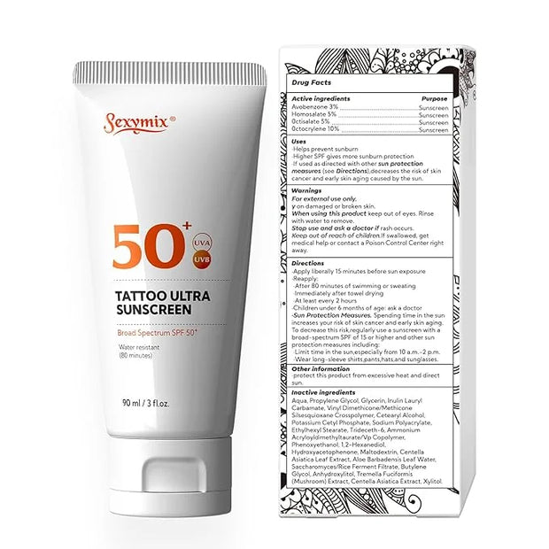 Sexymix Tattoo Sunscreen Lotion, Tattoo Aftercare SPF 50 90mL Sunscreen Lotion, Waterproof, Prevents Tattoo Fading, Non-Gr...