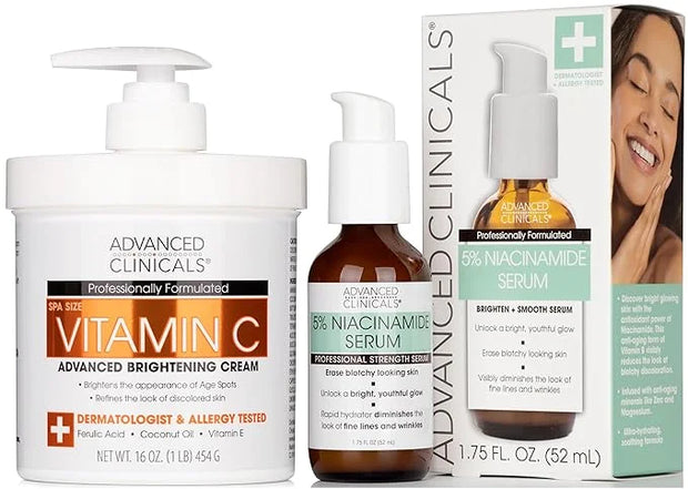 Advanced Clinicals Brightening Vitamin C Cream + 5% Niacinamide Serum W/Hyaluronic Acid 2pc Set | Vitamin C Body Lotion Mo...