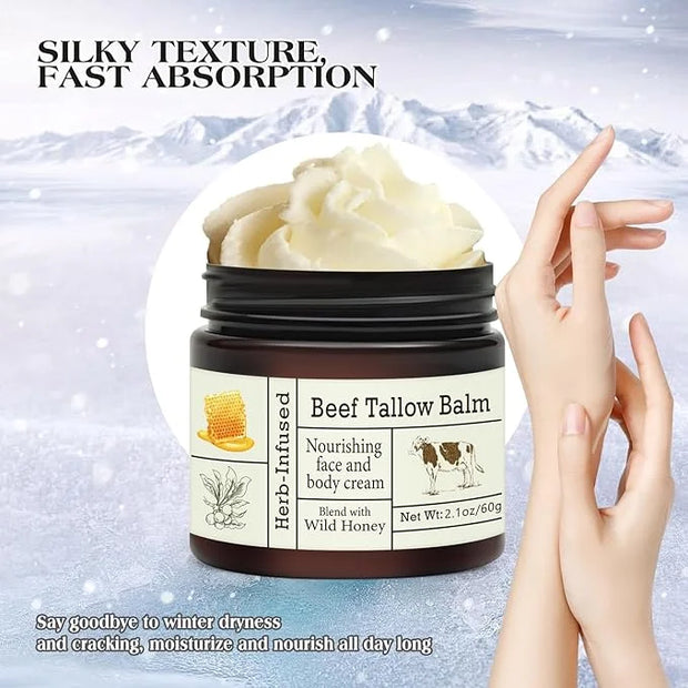 Beef Tallow For Skin – Natural Tallow and Honey Balm Face Moisturizer, Organic Grass-Fed Tallow, Deeply Nourishing Whipped...