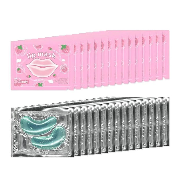 Sulily 30 Pairs Strawberry Lip Masks&Gold Dust Light Green Eye Masks,Crystal Collagen Eye Patches for Puffy Eyes,Moisturiz...