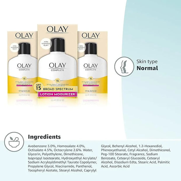 Olay Complete Lotion Moisturizer with Sunscreen SPF 15 Normal, 6.0 Fluid Ounce, 3 Count - Product Image