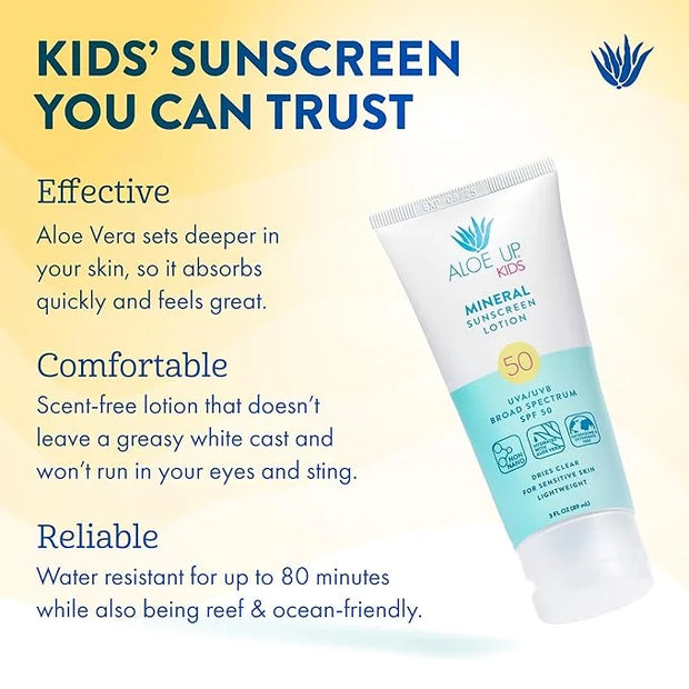Aloe Up Kids Broad Spectrum Mineral Sunscreen Lotion SPF 50 - Face and Body Sunblock for Sensitive Skin - With Gen2 Zinc O...