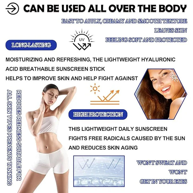 Hyaluronic Acid Moisturizing Sun Stick,SPF 50+ PA++++,Mineral Sunscreen Stick for Face,Beach Defense Sunscreen Stick,Trave...